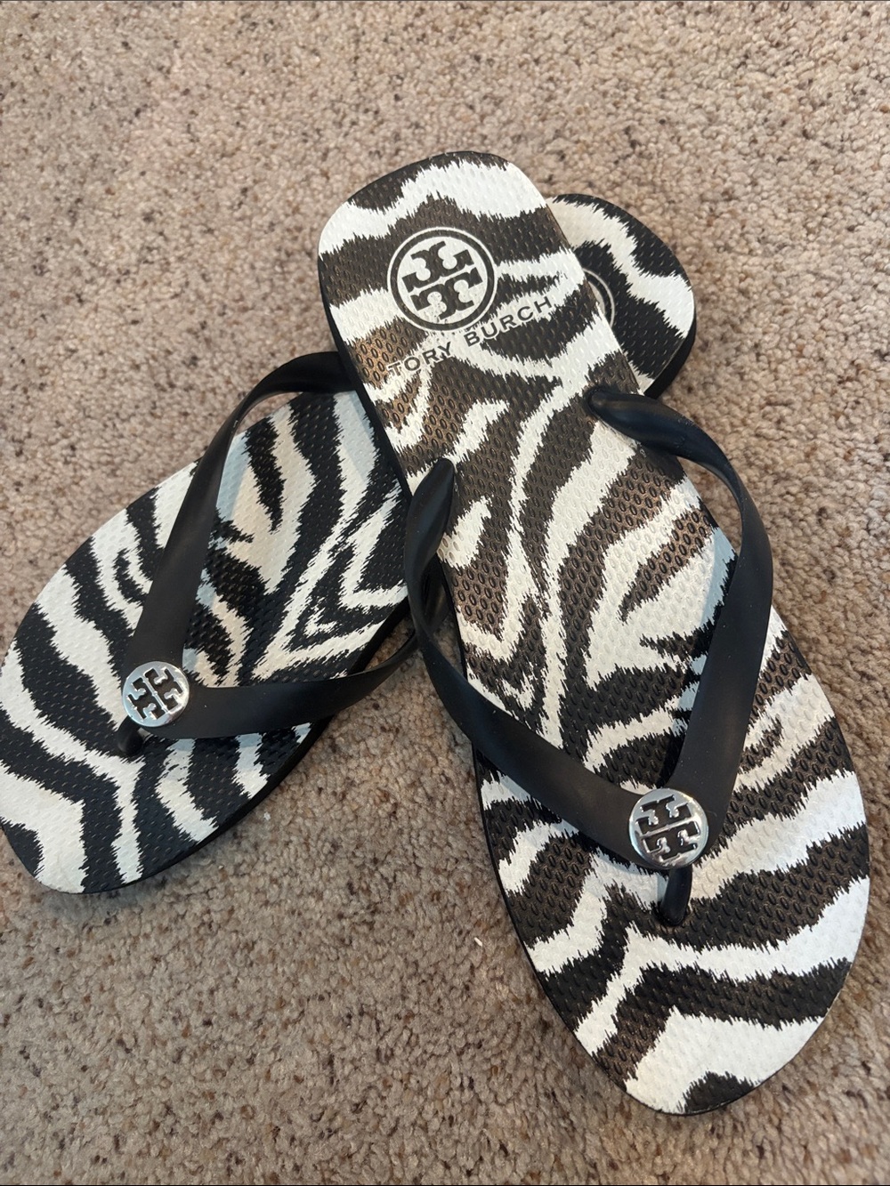 Tory Burch Black and White Zebra-Print Flip Flop Sandals